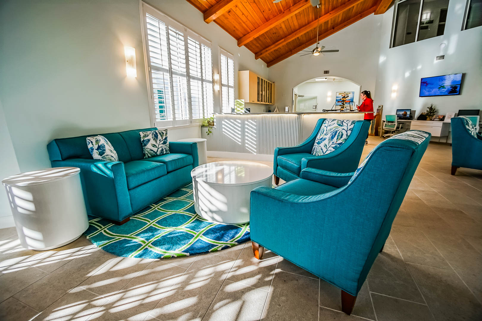 A modern and colorful resort lobby at VRI's The Resort on Cocoa Beach in Florida.
